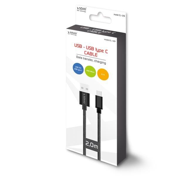 Savio CL-129, USB-C/USB-A, 2 m kaina ir informacija | Kabeliai ir laidai | pigu.lt