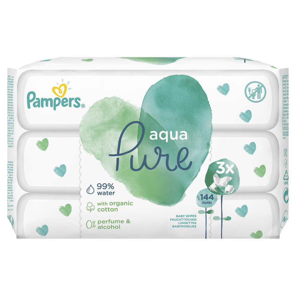 Servetėlės PAMPERS Aqua Pure, 3x48 vnt. kaina ir informacija | Drėgnos servetėlės, paklotai | pigu.lt