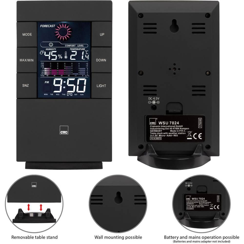 Meteorologinė stotis su laikrodžiu CTCWSU7024 kaina ir informacija | Meteorologinės stotelės, termometrai | pigu.lt