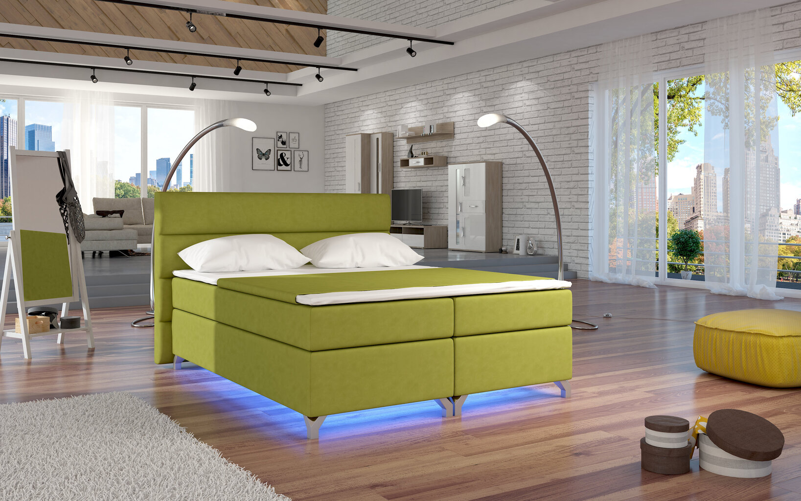 Lova NORE Amadeo su LED apšvietimu, 140x200 cm, gobelenas, žalia kaina ir informacija | Lovos | pigu.lt