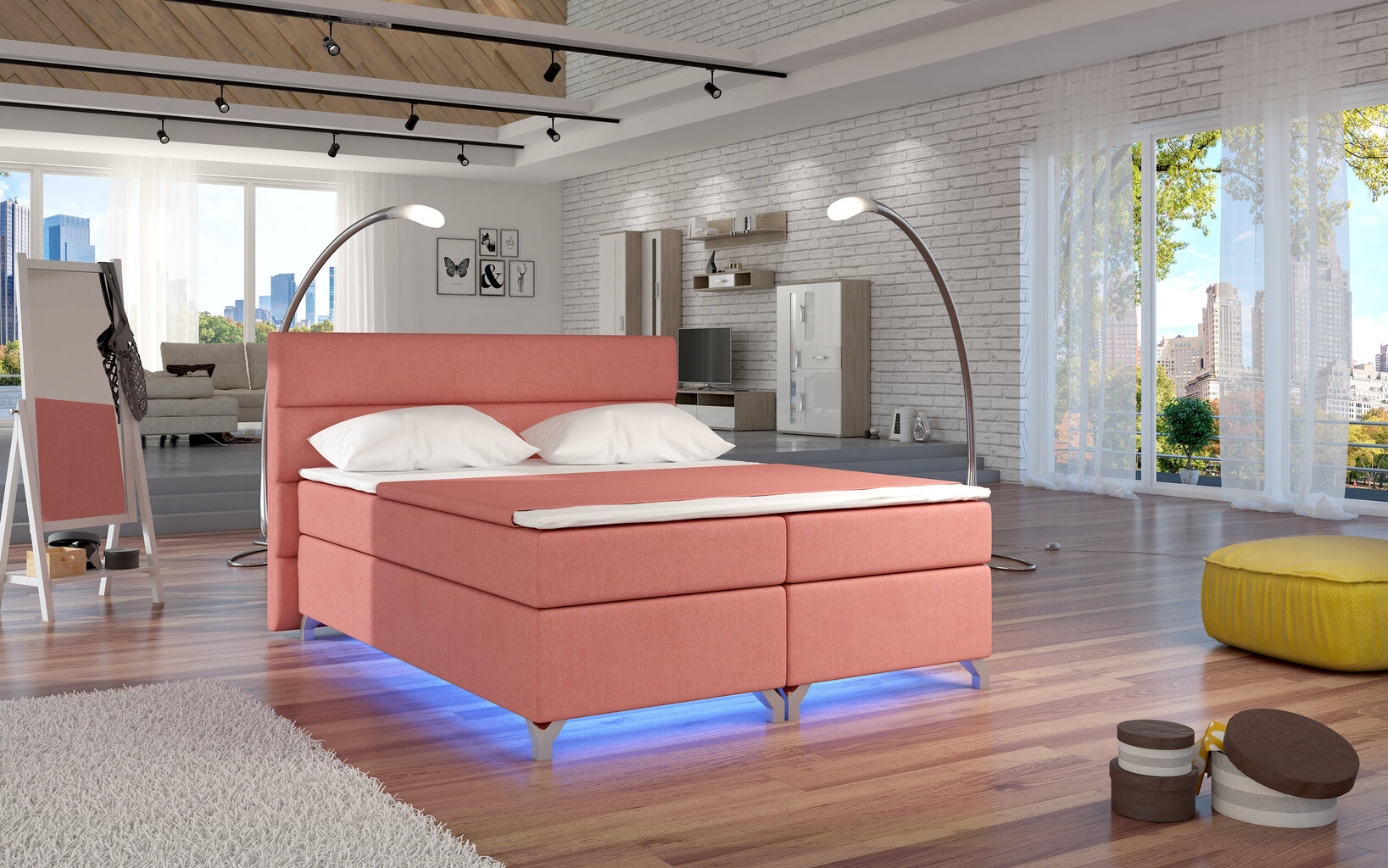 Lova NORE Amadeo su LED apšvietimu, 140x200 cm, gobelenas, rožinė kaina ir informacija | Lovos | pigu.lt