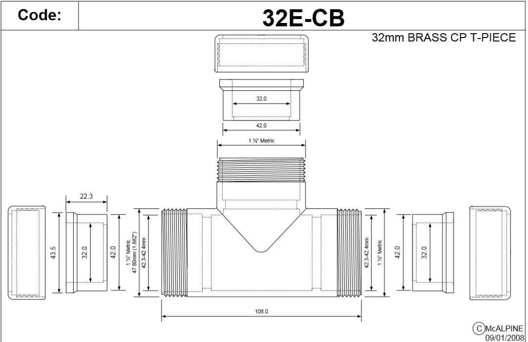 Žalvarinis chromuotas trišakis, McAlpine MCA32ECB, 32 mm цена и информация | Sifonai | pigu.lt