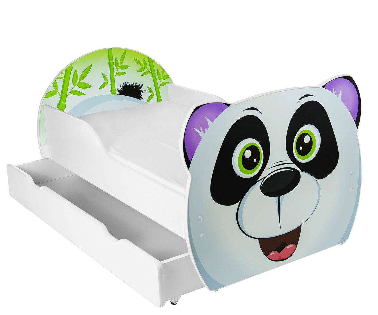 Lova su čiužiniu ir patalynės dėže Panda, 160x90 cm, balta/juoda kaina ir informacija | Vaikiškos lovos | pigu.lt