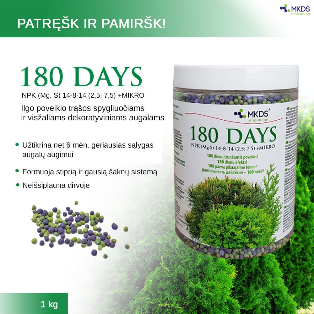 180 DAYS ilgo poveikio trąšos spygliuočiams ir visžaliams augalams, 1 kg kaina ir informacija | Birios trąšos | pigu.lt