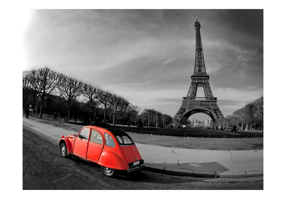 Fototapetas - Eiffel Tower and red car kaina ir informacija | Fototapetai | pigu.lt