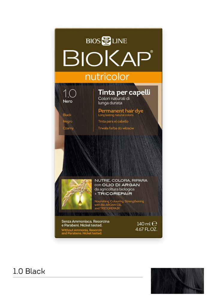 Plaukų dažai Biokap Nutricolor Nr. 1.0 Black Dye 140 ml kaina ir informacija | Plaukų dažai | pigu.lt