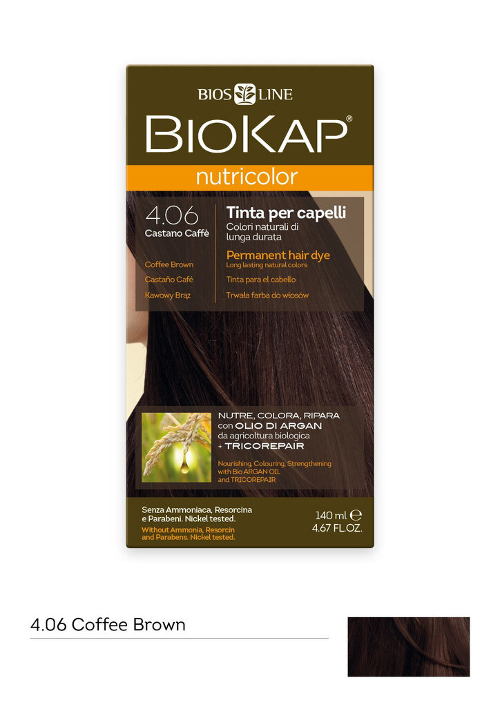 Plaukų dažai Biokap Nutricolor Nr. 4.06 Coffe Brown Dye 140 ml kaina ir informacija | Plaukų dažai | pigu.lt