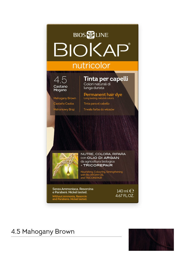 Plaukų dažai Biokap Nutricolor Nr. 4.5 Mahogany Brown Dye 140 ml kaina ir informacija | Plaukų dažai | pigu.lt