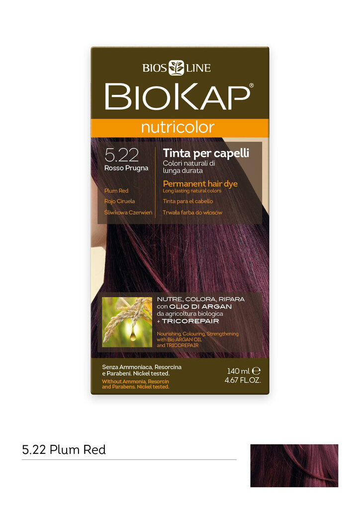 Plaukų dažai Biokap Nutricolor Nr. 5.22 Plum Red Dye 140 ml kaina ir informacija | Plaukų dažai | pigu.lt