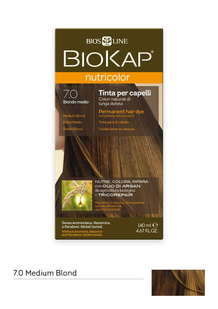 Plaukų dažai Biokap Nutricolor Nr. 7.0 Medium Blond Dye 140 ml kaina ir informacija | Plaukų dažai | pigu.lt