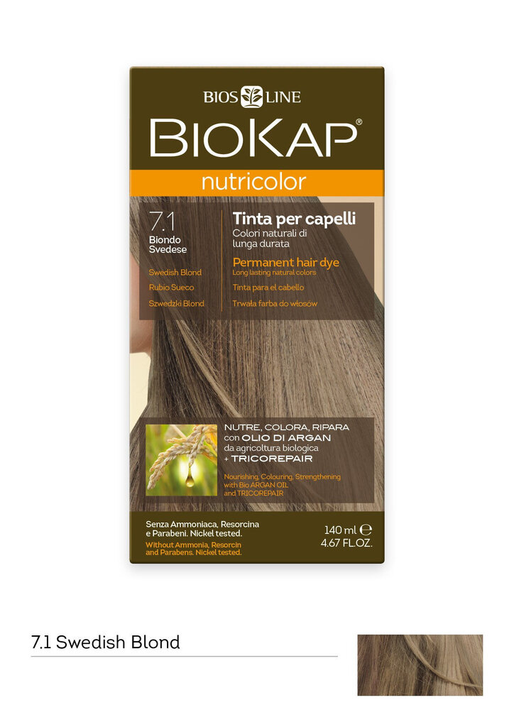 Plaukų dažai Biokap Nutricolor Nr. 7.1 Swedish Blond Dye 140 ml цена и информация | Plaukų dažai | pigu.lt