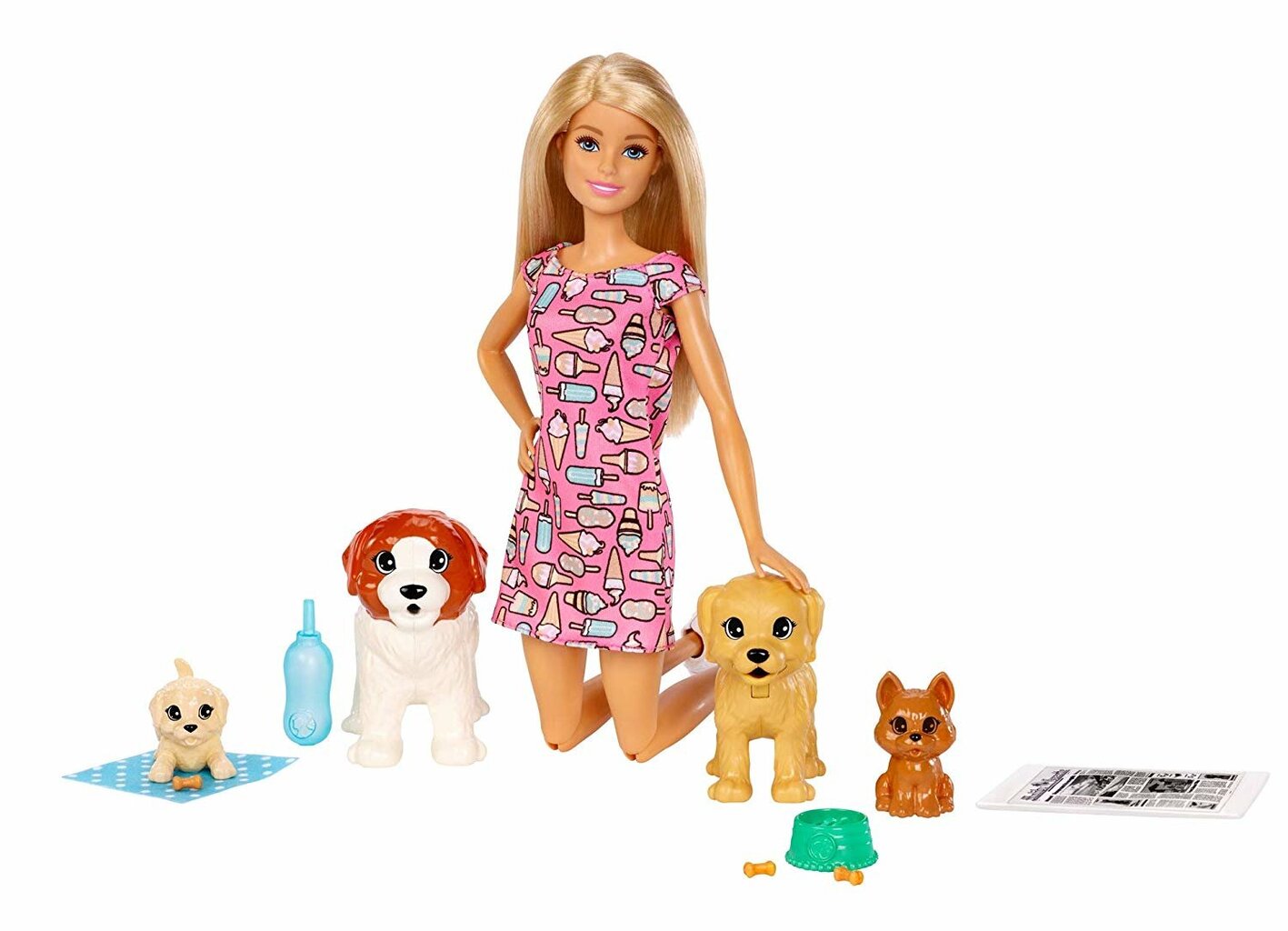 Lėlė Barbie su 4 šunyčiais, FXH08 цена и информация | Žaislai mergaitėms | pigu.lt