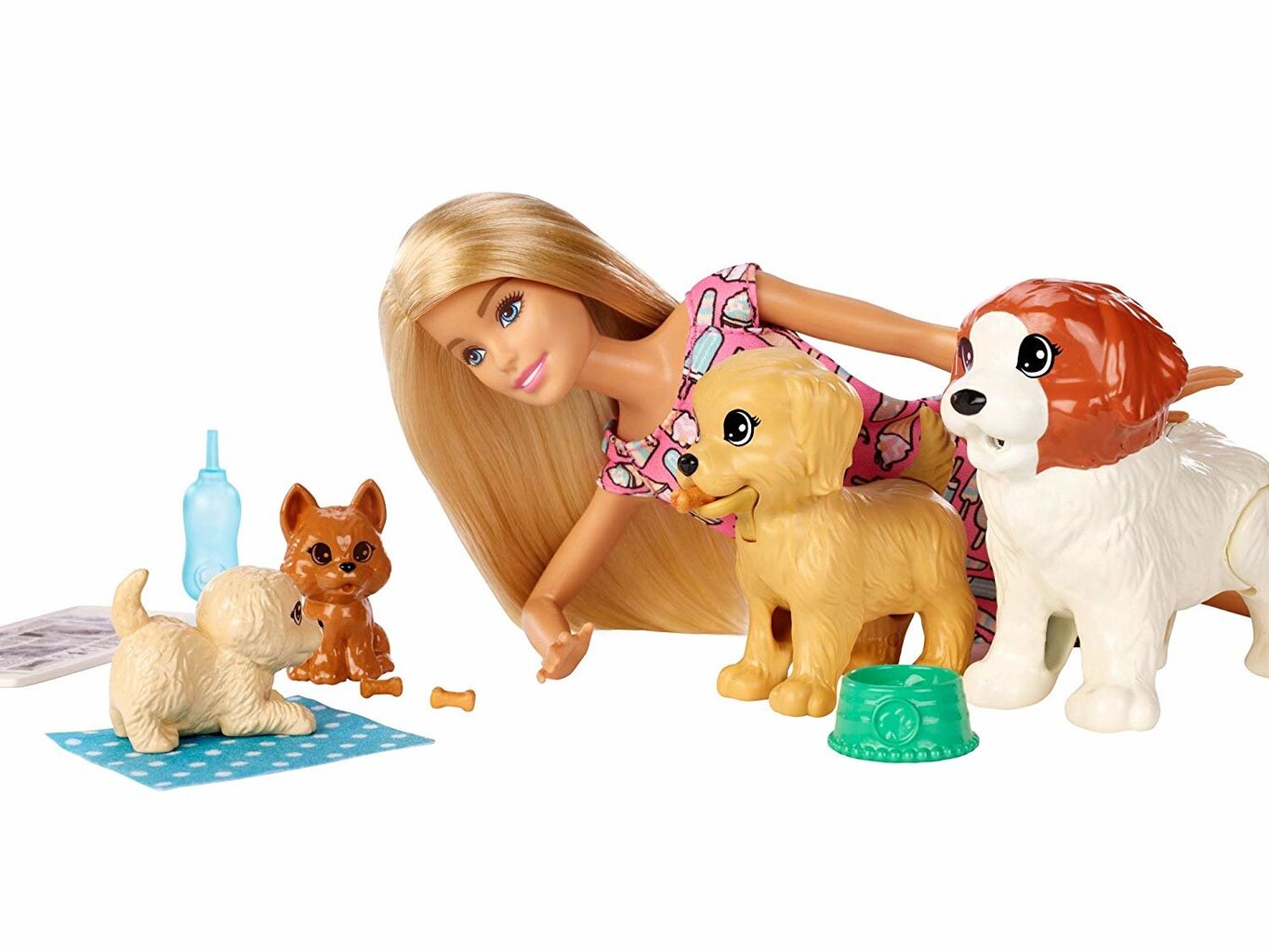 Lėlė Barbie su 4 šunyčiais, FXH08 цена и информация | Žaislai mergaitėms | pigu.lt