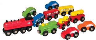 Woody 90574 Деревянный комплект машинок с паровозиком и вагончиками с магнитными элементами (11шт.) для детей от 3 лет + (30cм / 23cм / 6cм) цена и информация | Игрушки для мальчиков | pigu.lt