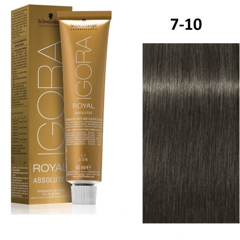 Profesionalūs plaukų dažai Schwarzkopf Professional IGORA Royal Absolutes, 7-10 Blond Medium Ash Natural, 60 ml kaina ir informacija | Plaukų dažai | pigu.lt