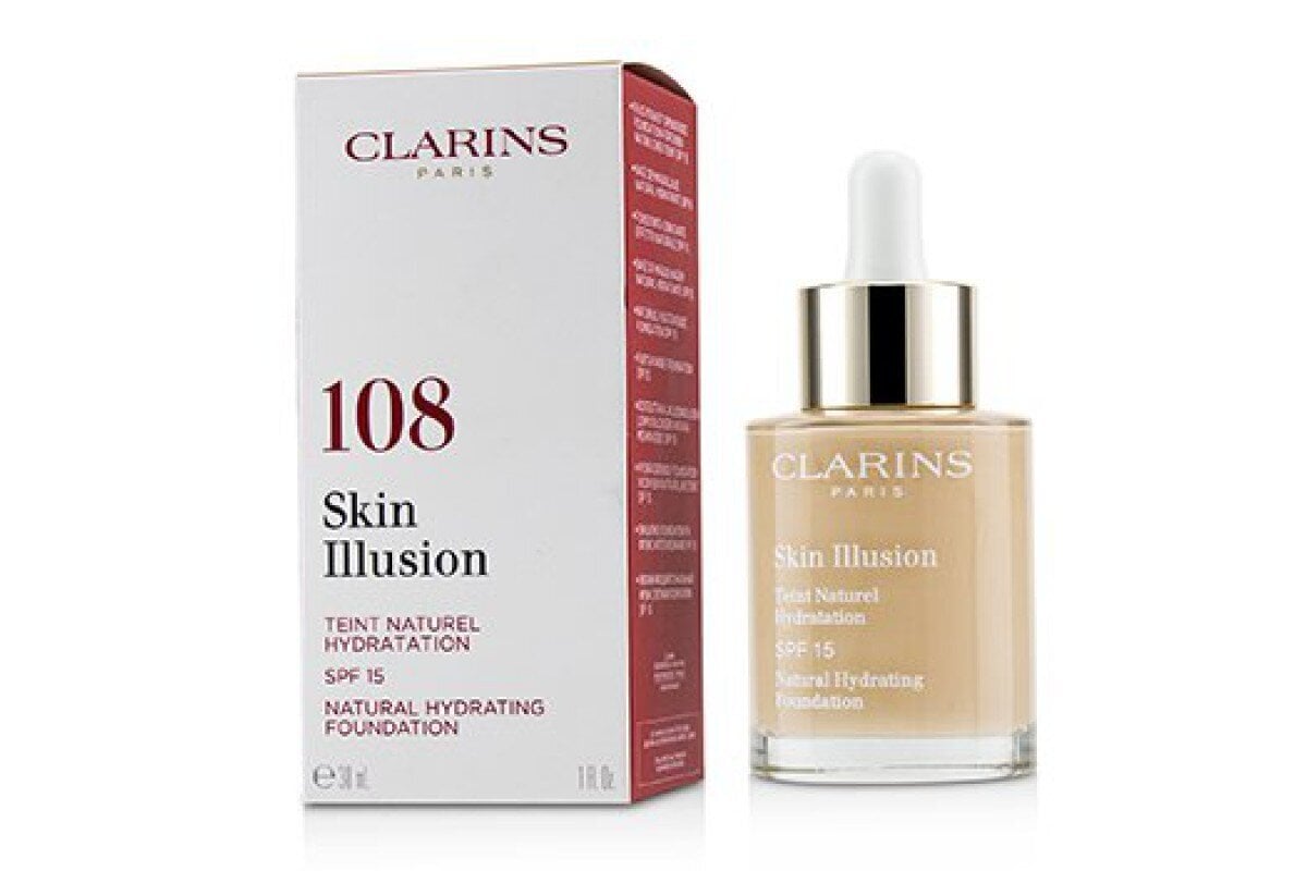 Drėkinamasis skystas makiažo pagrindas Clarins Skin Illusion SPF 15 30 ml, 108 Sand kaina ir informacija | Makiažo pagrindai, pudros | pigu.lt
