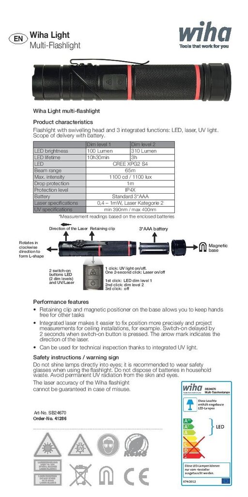 WIHA žibintuvėlis su magnetu LED, UV ir lazerio šviesa kaina ir informacija | Žibintuvėliai, prožektoriai | pigu.lt