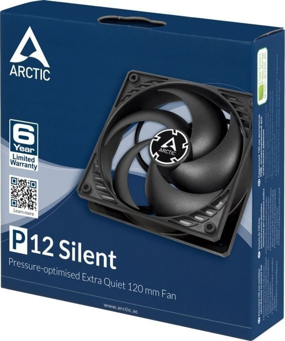 ARCTIC P12 Silent ypač tylus korpuso ventiliatorius, 3-pin, 120mm, juodas kaina ir informacija | Kompiuterių ventiliatoriai | pigu.lt