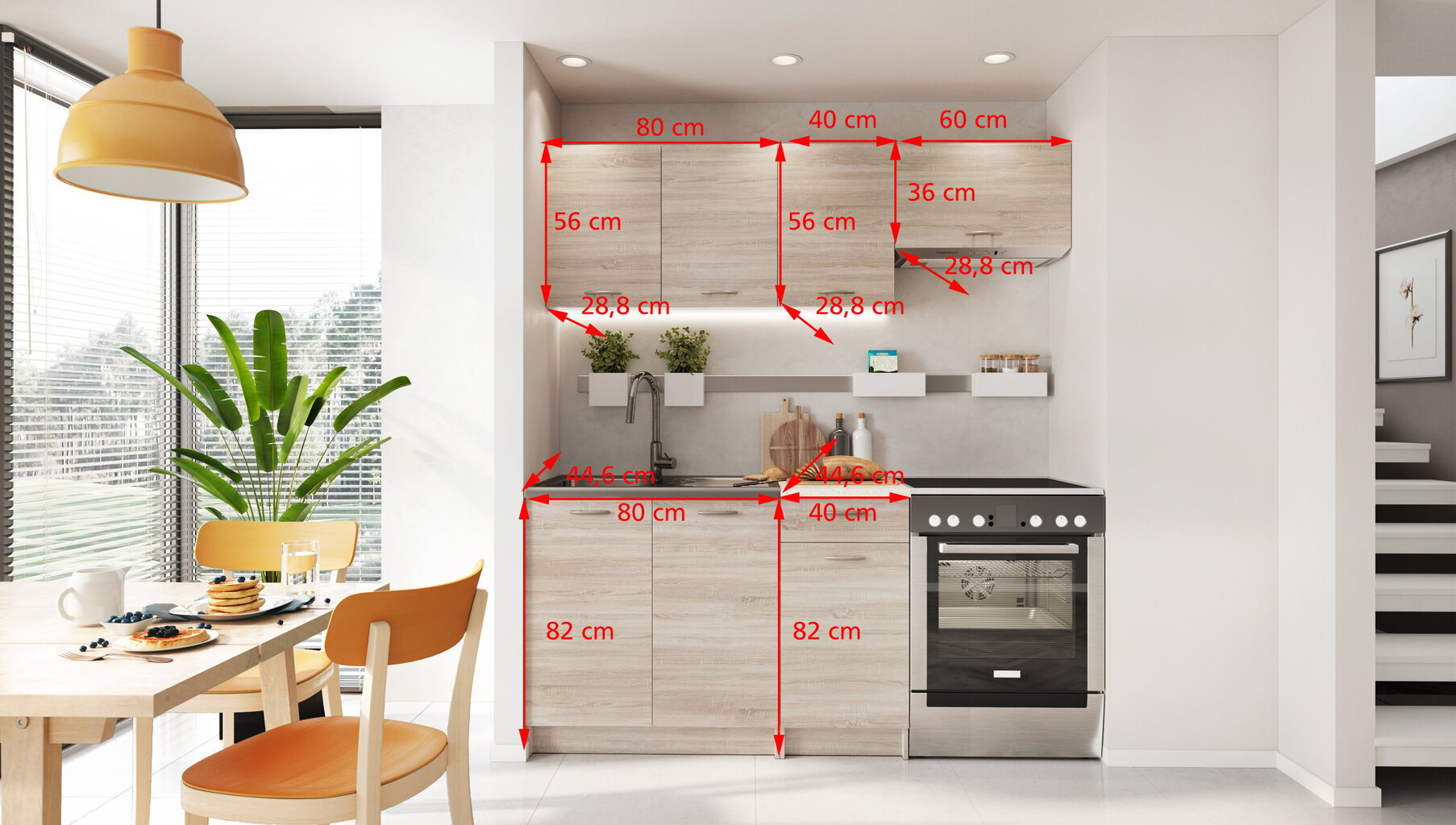 Virtuvinių spintelių komplektas Mela 1,2/1,8 su stalviršiu, ąžuolo spalvos цена и информация | Virtuvės baldų komplektai | pigu.lt