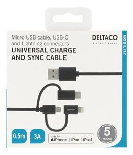 Deltaco IPLH-154, Micro USB, USB C, Lightning, 0.5m цена и информация | Laidai telefonams | pigu.lt