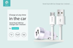 Автомобильная зарядка Devia Smart с 2 USB разъемоми (2.4A) + microUSB белая цена и информация | Зарядные устройства для телефонов | pigu.lt