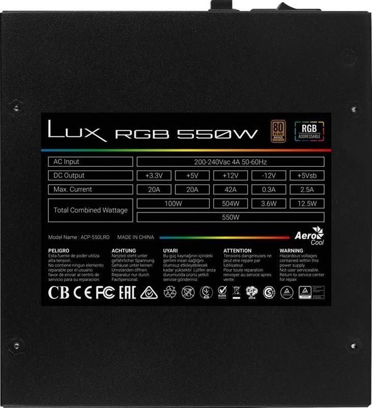 AeroCool LUX RGB 550W 80 Plus Bronze kaina ir informacija | Maitinimo šaltiniai (PSU) | pigu.lt