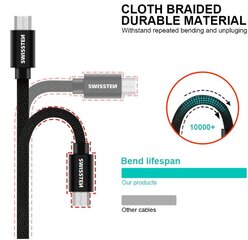 Swissten Textile Universal Micro USB Data and Charging Cable 2.0m Black kaina ir informacija | Laidai telefonams | pigu.lt