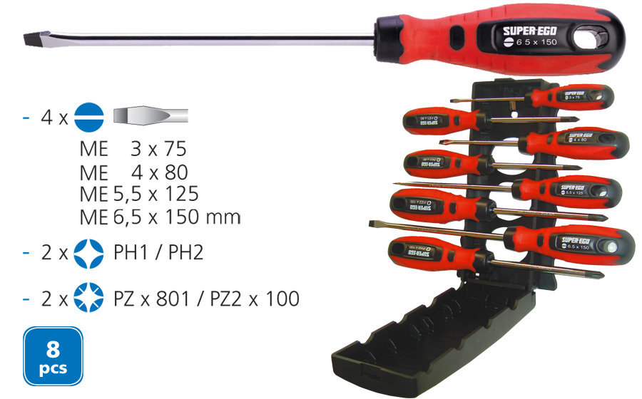 Atsuktuvų rinkinys Super Ego, 8 vnt. kaina ir informacija | Mechaniniai įrankiai | pigu.lt