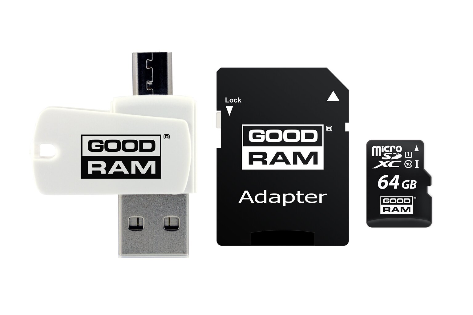 Atminties kortelė GoodRam microSDXC 64GB CL10 +adapteris +kortelių skaitytuvas цена и информация | Atminties kortelės telefonams | pigu.lt