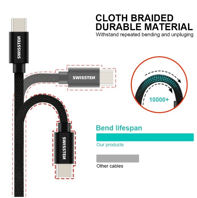 Swissten Textile Universal Quick Charge 3.1 USB-C Data and Charging Cable 20 cm Black kaina ir informacija | Laidai telefonams | pigu.lt
