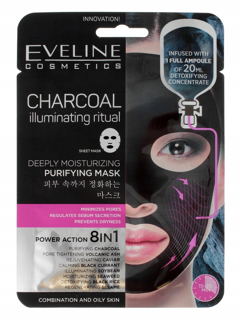 Drėkinamoji lakštinė veido kaukė Eveline Charcoal Iluminating 20 ml цена и информация | Veido kaukės, paakių kaukės | pigu.lt