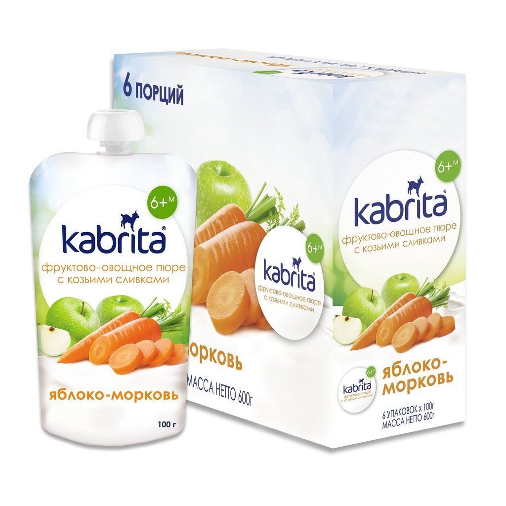 Kabrita Obuolių-morkų tyrelė Kabrita su ožkos pieno grietinėle, nuo 6 mėn., 100 g x6 dėžutė kaina ir informacija | Tyrelės | pigu.lt
