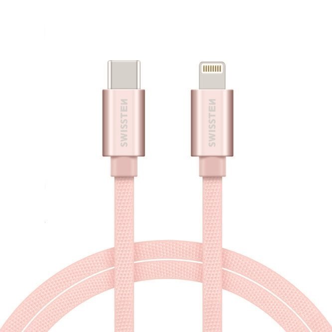 Swissten Textile USB-C To Lightning (MD818ZM/A) Data and Charging Cable Fast Charge / 3A / 1.2m Pink kaina ir informacija | Kabeliai ir laidai | pigu.lt