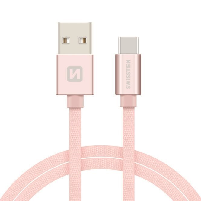 Swissten Textile Universal Quick Charge 3.1 USB-C Data and Charging Cable 1.2m Pink kaina ir informacija | Laidai telefonams | pigu.lt