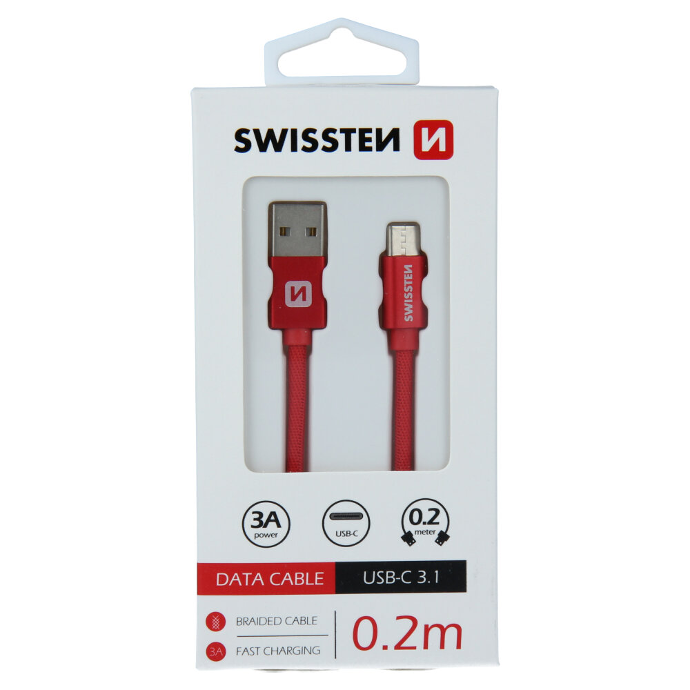 Swissten Textile SW-QU-TYPC-3.1-0.2M-R kaina ir informacija | Laidai telefonams | pigu.lt