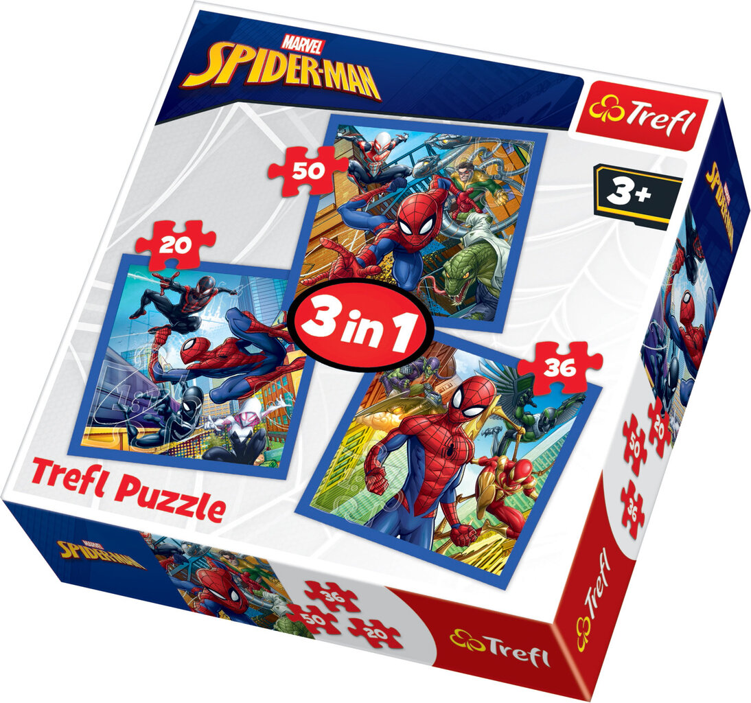 Dėlionių rinkinys Trefl 3 in 1 Spiderman, 20+50+36 kaina ir informacija | Dėlionės (puzzle) | pigu.lt