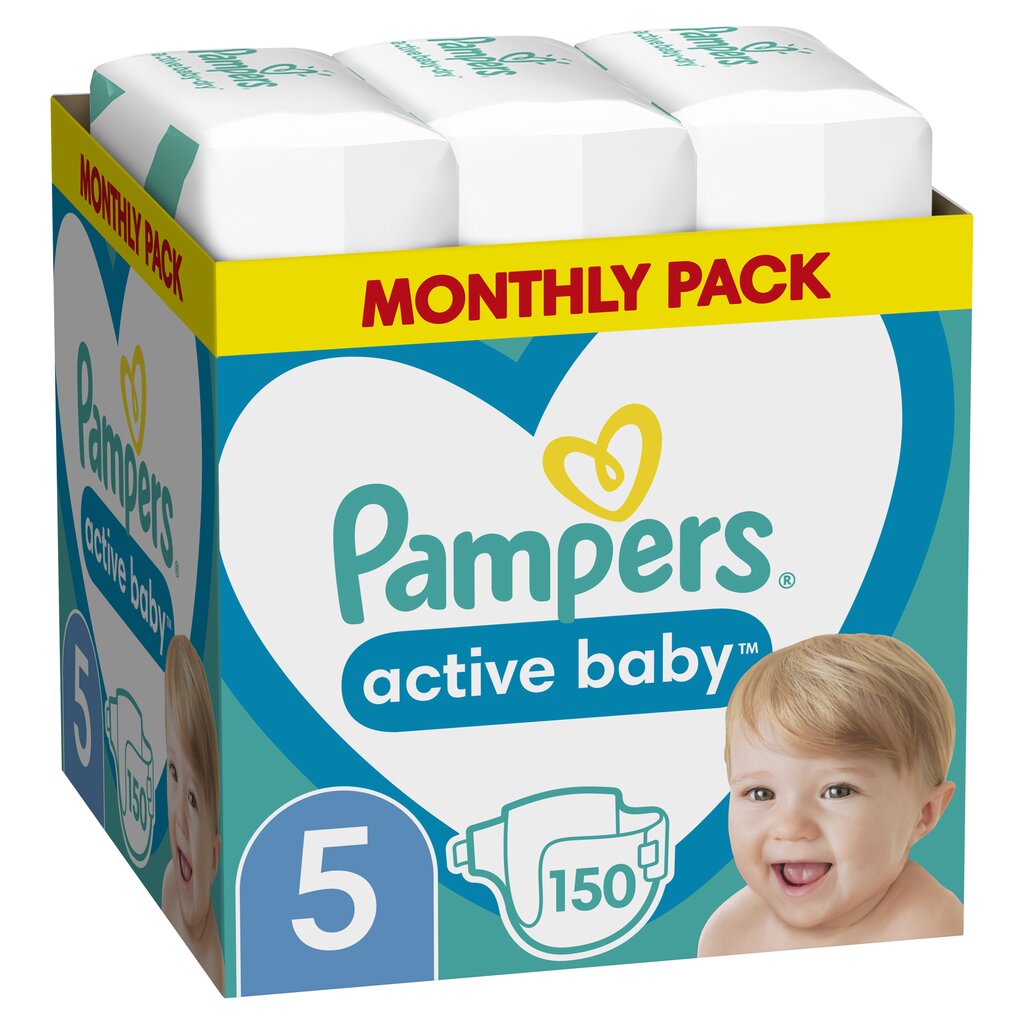 Sauskelnės PAMPERS Active Baby-Dry, Monthly Pack, 5 dydis, 11-16kg, 150 vnt. kaina ir informacija | Sauskelnės | pigu.lt