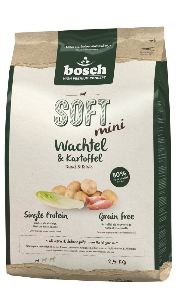 Bosch Pet Food Plus SOFT MINI Quail & Potato 2,5kg цена и информация | Sausas maistas šunims | pigu.lt