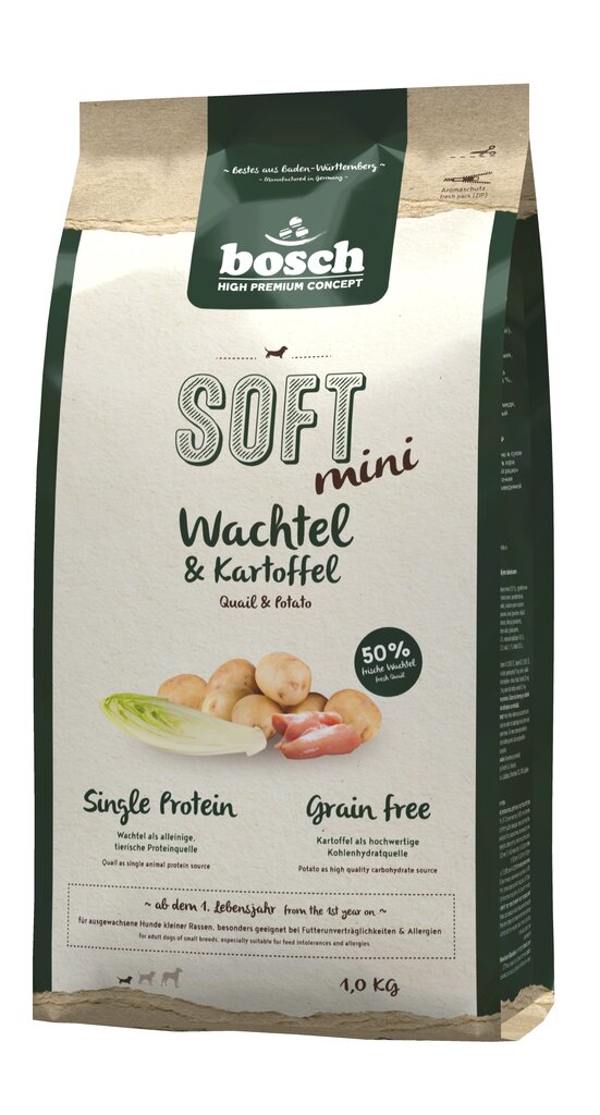 Bosch Pet Food Plus SOFT MINI Quail & Potato 1kg цена и информация | Sausas maistas šunims | pigu.lt