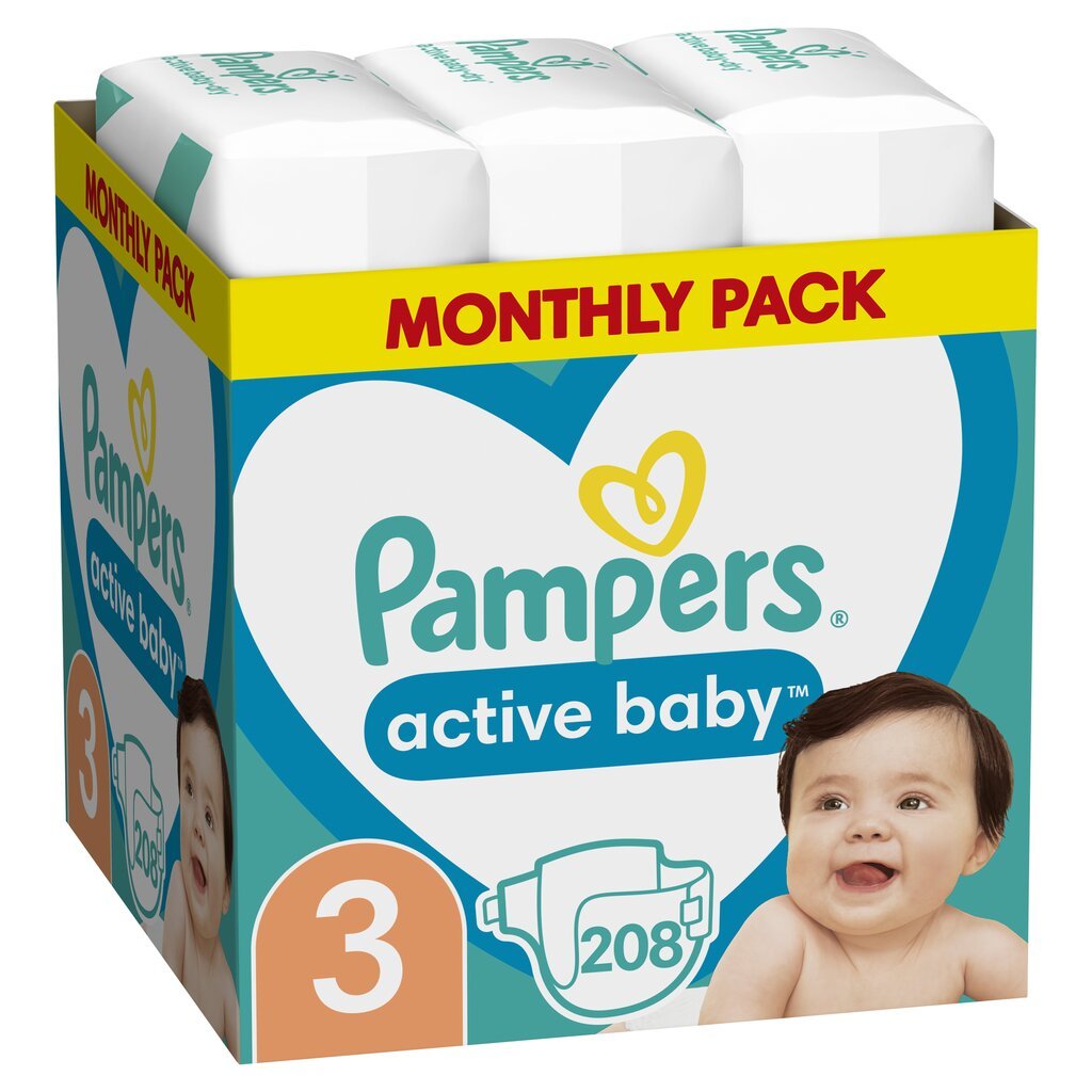 Sauskelnės PAMPERS Active Baby-Dry, Monthly Pack, 3 dydis, 6-10kg, 208 vnt. цена и информация | Sauskelnės | pigu.lt