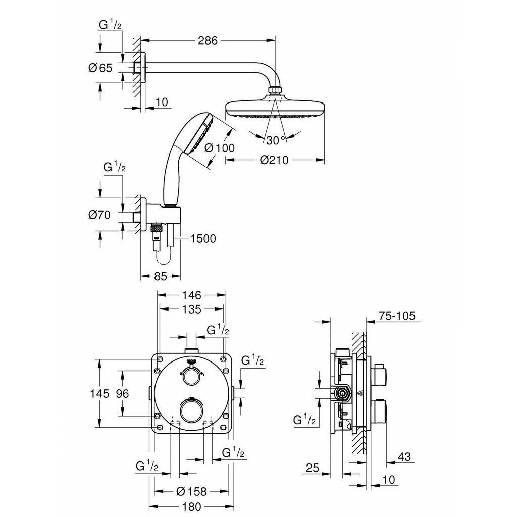 GROHE Grohtherm Perfect potinkinio dušo rinkinys su Tempesta 210mm lietaus galva ir Tempesta 100mm II rankiniu dušeliu, chromas, 34727000 цена и информация | Dušo komplektai ir panelės | pigu.lt