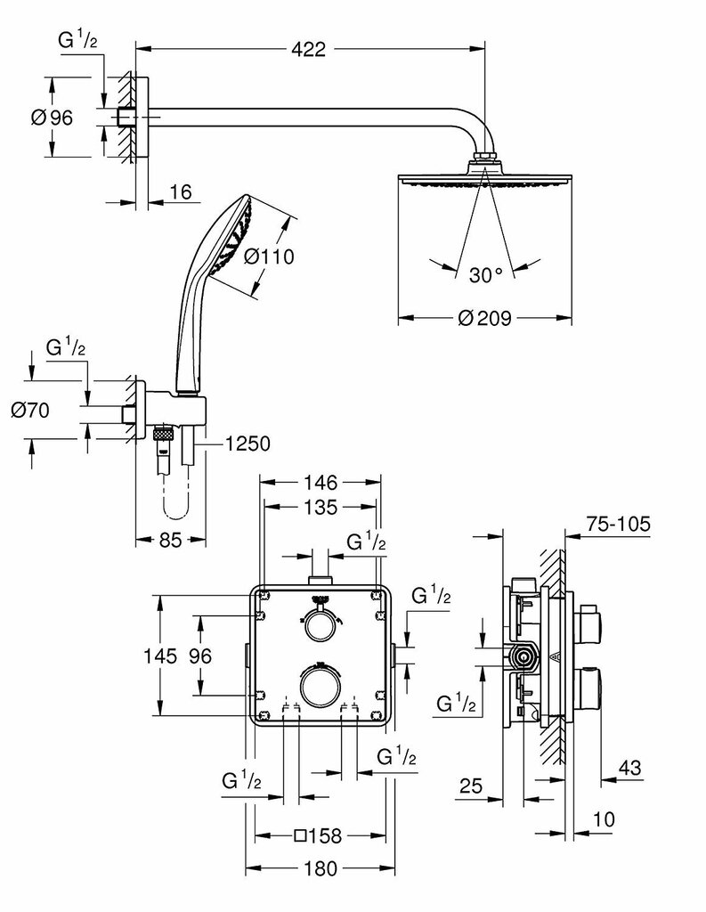 Grohe Grohtherm potinkinė dušo sistema Cosmopolitan 210 su termostatu, 34734000 kaina ir informacija | Dušo komplektai ir panelės | pigu.lt