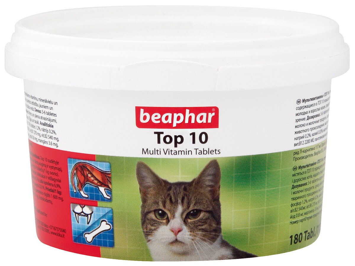 Beaphar Top 10 vitaminai katėms, 180 tabl. kaina ir informacija | Vitaminai, papildai, antiparazitinės priemonės katėms | pigu.lt