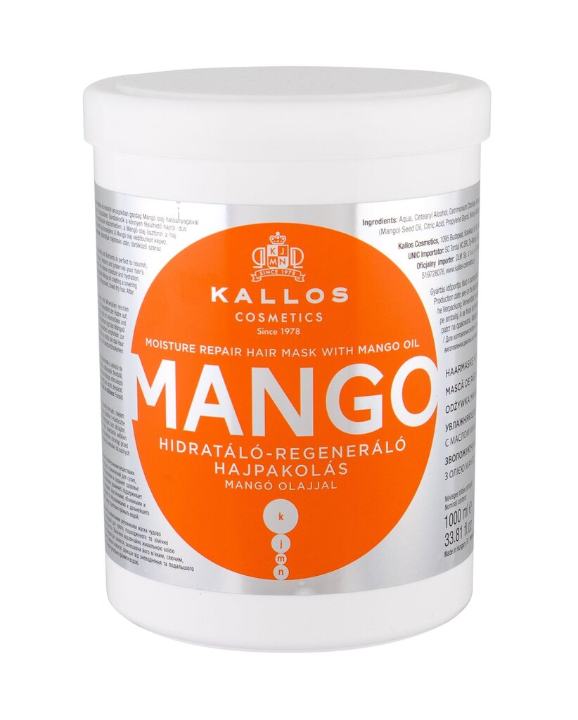 Drėkinamoji plaukų kaukė Kallos Mango Cosmetics, 1000 ml цена и информация | Priemonės plaukų stiprinimui | pigu.lt