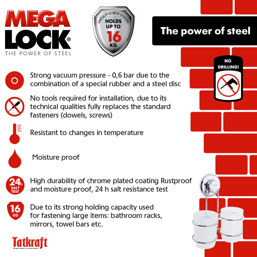 Tatkraft Mega Lock dvigubų stiklinių stovas dantų šepetėliams kaina ir informacija | Vonios kambario aksesuarai | pigu.lt