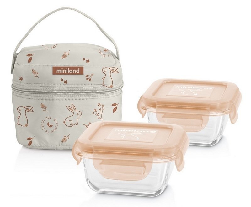 Hermetiniai maisto indeliai su izoterminiu krepšiu Miniland ECO 2 x 250 ml, kiškiai kaina ir informacija | Maisto saugojimo  indai | pigu.lt