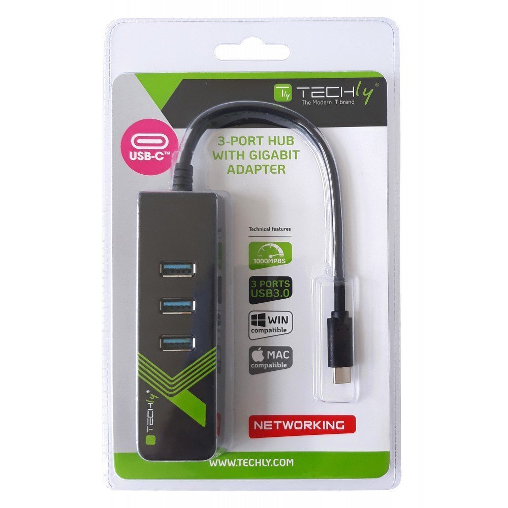 Tinklo adapteris su USB šakotuvu Techly IDATA-USB-ETGIGA-3C2 USB-C į Gigabit RJ45 3x USB3.2 Gen1 iki 5Gbps kaina ir informacija | Adapteriai, USB šakotuvai | pigu.lt