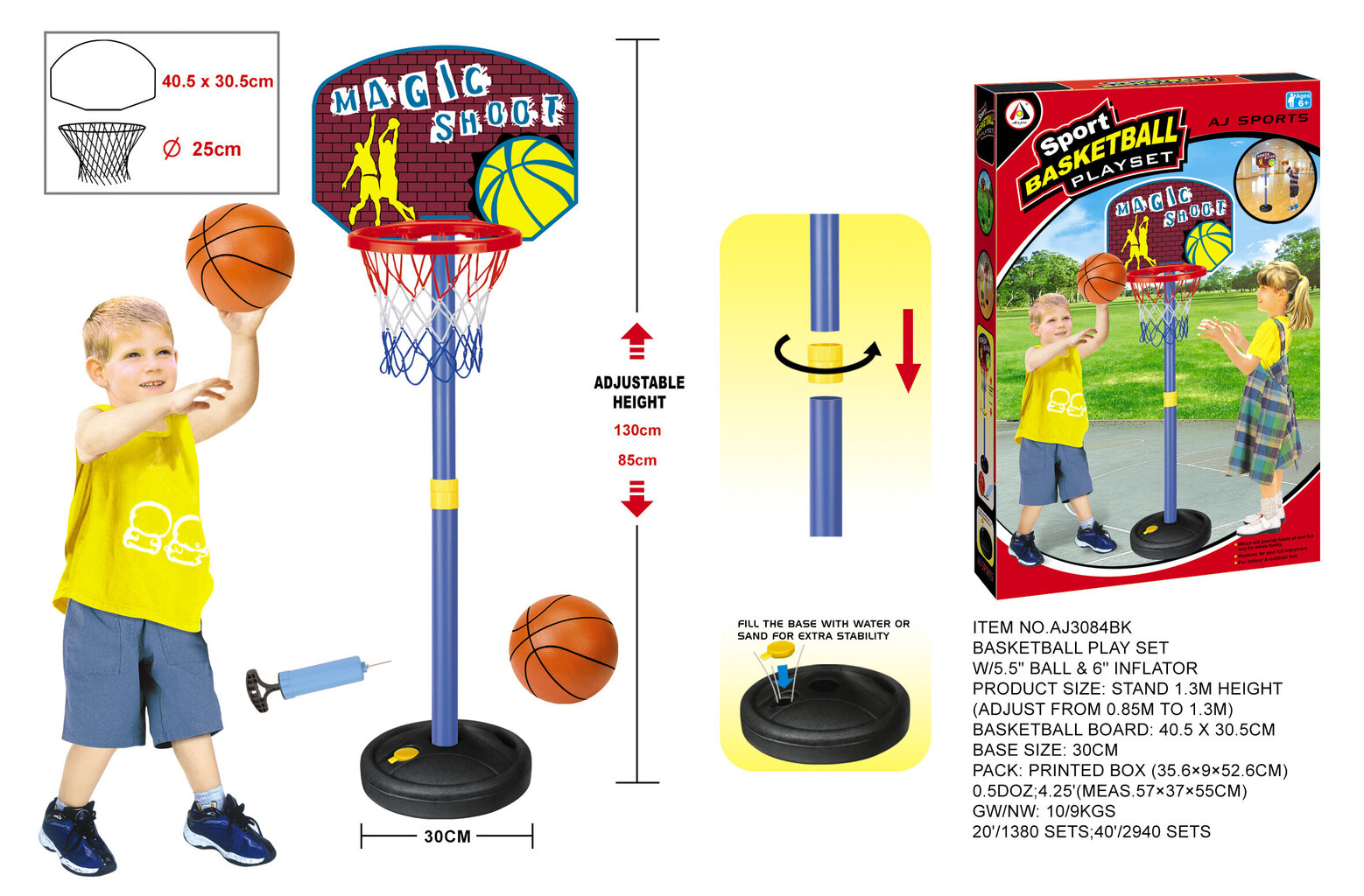 Krepšinio rinkinys AOJIE AJ3084BK: krepšinio stovas + kamuolys + pompa kaina ir informacija | Vandens, smėlio ir paplūdimio žaislai | pigu.lt