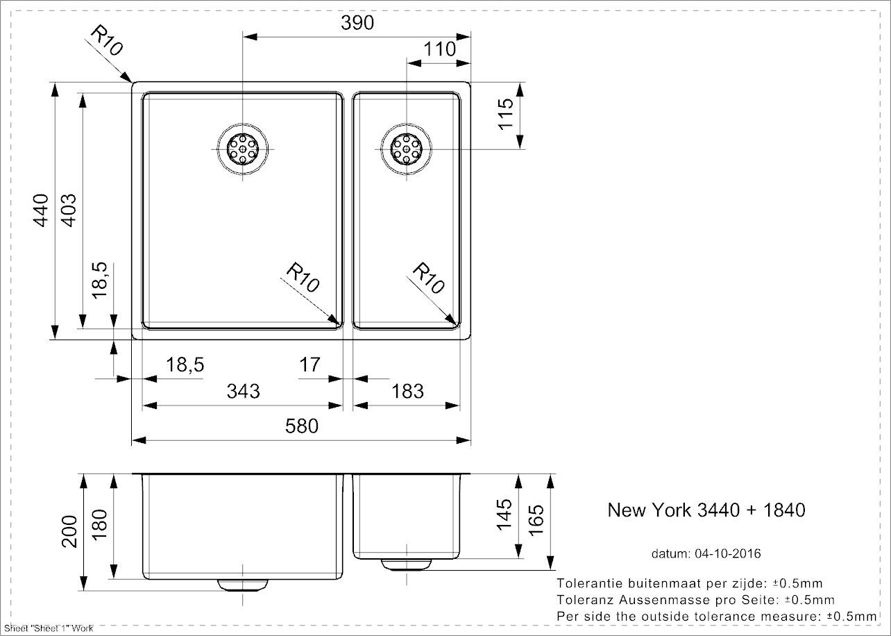 Nerūdijančio plieno virtuvinė plautuvė Reginox New York 34x40+18x40 (L) kaina ir informacija | Virtuvinės plautuvės | pigu.lt
