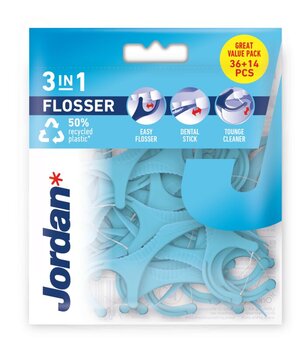 Зубная нить Jordan 3-в-1 Flosser 36 (+14) шт. цена и информация | Зубные щетки, пасты | pigu.lt